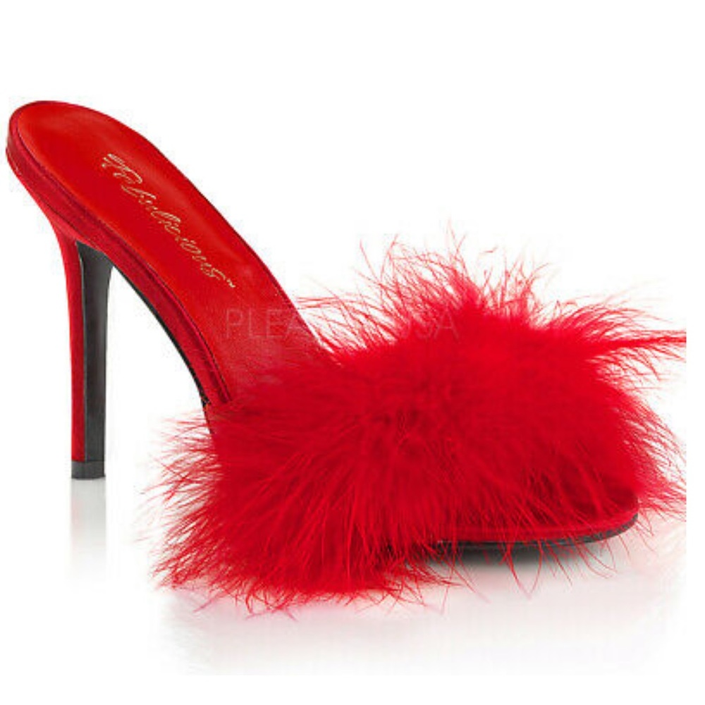 SOLD | Red Satin Furry Slippers - 4” Heels  ❤️‍🔥